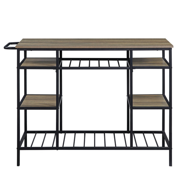 English Elm Lona Rustic Oak Kitchen Island with Black Metal Frame, 6 Open Shelves, 100lb Top Capacity B2726P272332