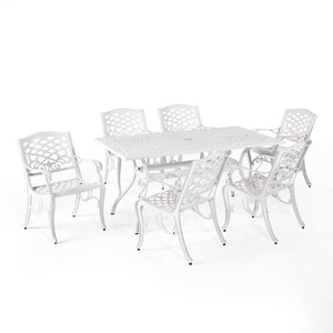 English Elm Monterey Cast Aluminum 7 Piece Outdoor Dining Set with Ornate Lattice Floral Detail N776P381164W-6_57704.00WHI