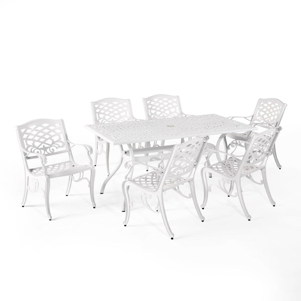English Elm Monterey Cast Aluminum 7 Piece Outdoor Dining Set with Ornate Lattice Floral Detail N776P381164W-6_57704.00WHI