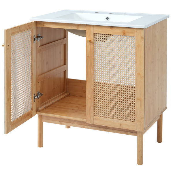 English Elm 30-inch bamboo bathroom vanity with handwoven rattan doors, soft-close hinges, ample storage beauty WF530472AAD