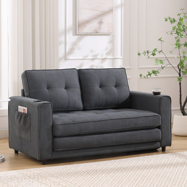English Elm {VIDEO 3-in-1 Upholstered Futon Sofa Bed Convertible Loveseat with Tufted Back, Cup Holders & Side Pockets Dark Gray W2325P183181