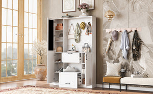 English Elm VIBE Entryway Hall Tree with Mirror, Foldable Bench & 6 Adjustable Shelves, 2 Drawers, Hooks SJ000142AAK