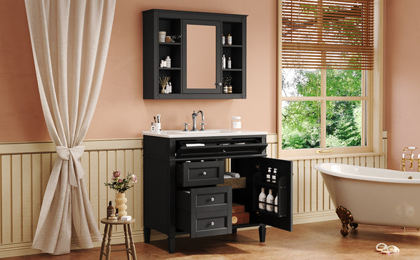 English Elm 36'' Modern Bathroom Vanity Set With Mirror, 2 Drawers, Tip-Out Storage & 6 Open Shelves For Organization N710S236006B