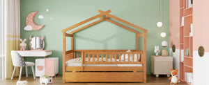 English Elm Twin House Bed with Trundle Solid Pine Frame Walnut Kids Bedroom Sleepover N708P357115L