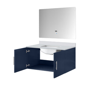 English Elm Navy Blue Bath Vanity Set With White Quartz Top & Led Mirror - Elegant Storage Solution For Bathrooms B2731S00759