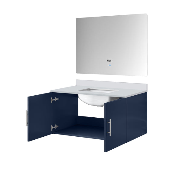 English Elm Navy Blue Bath Vanity Set With White Quartz Top & Led Mirror - Elegant Storage Solution For Bathrooms B2731S00759