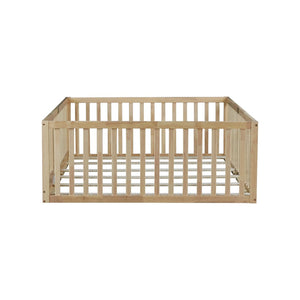English Elm Twin Montessori Floor Bed Solid Rubber Wood with Safety Fence Rails Toddler Room W504P411200