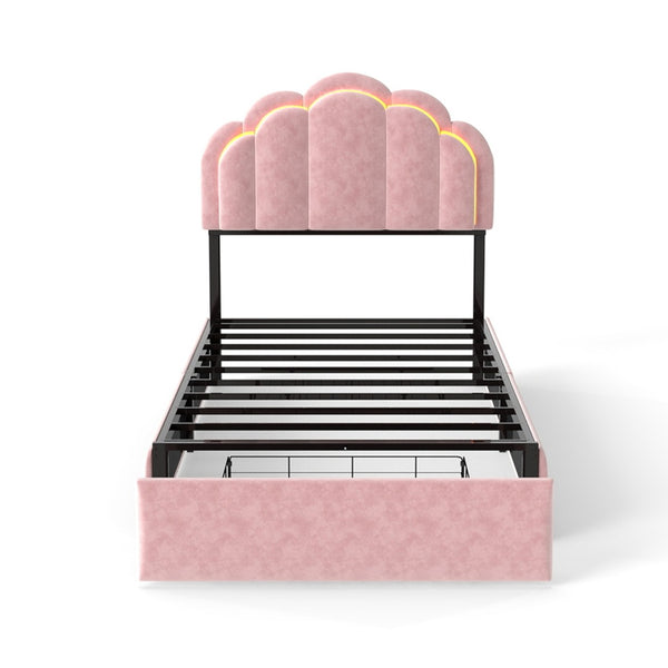English Elm Rgb Led Velvet Platform Bed Petal Headboard Storage Drawers for Kids Bedroom T3963P458401