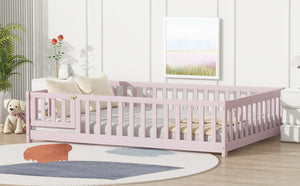 English Elm Twin Solid Rubberwood Floor Bed with Full Perimeter Safety Rails for Toddler Rooms Pink W504P296791