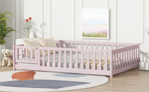 English Elm Twin Solid Rubberwood Floor Bed with Full Perimeter Safety Rails for Toddler Rooms Pink W504P296791