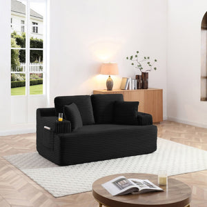 English Elm Boneless Floor Sofa Corduroy Upholstered 5 Seat Low Profile with Cup Holders for Living Room Black W1117S00435