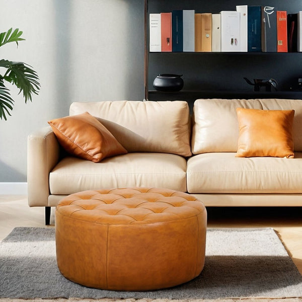 English Elm Seletar Round Genuine Leather Tufted Ottoman Glam Living Room Footrest Seating B183P231929