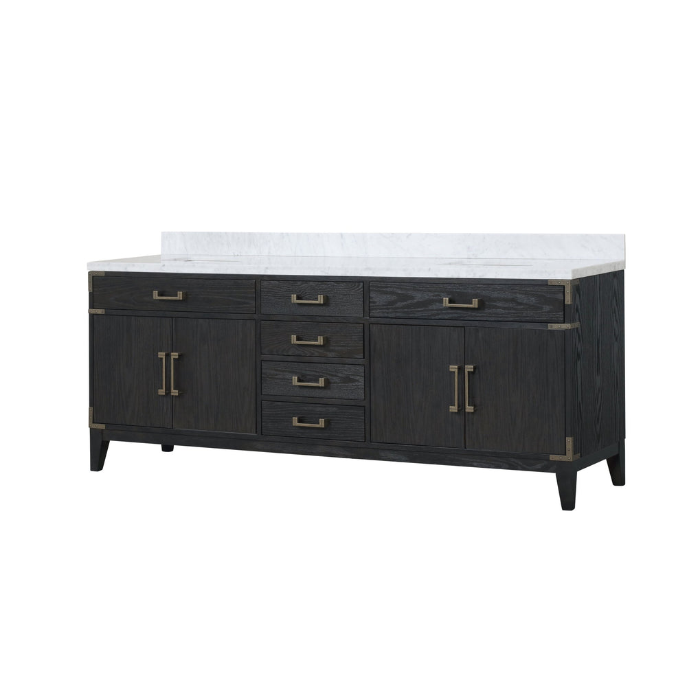 English Elm Laurel 84 in Black Oak Double Bath Vanity with Carrara Marble Top, Soft-Close Drawers & Ample Storage B2731P260974