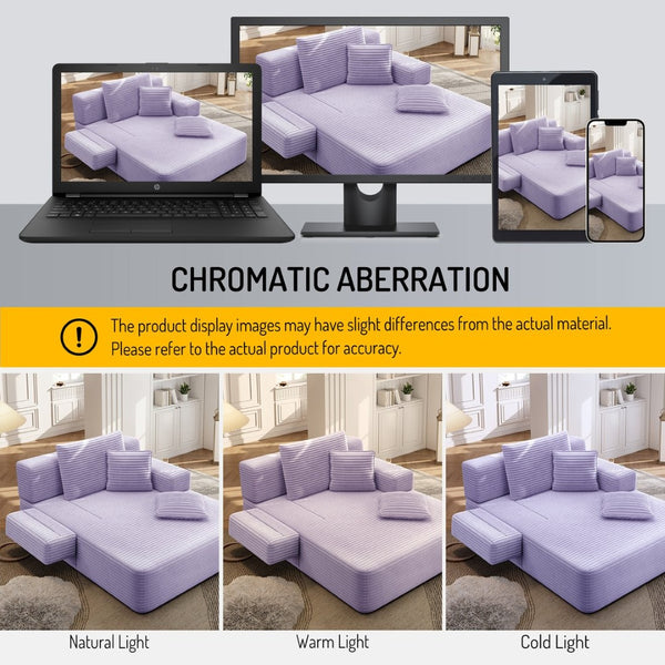 English Elm Luxurious Corduroy Frameless Chaise Sofa Bed with Spring Cushion and Storage Pocket Purple W3219P496264