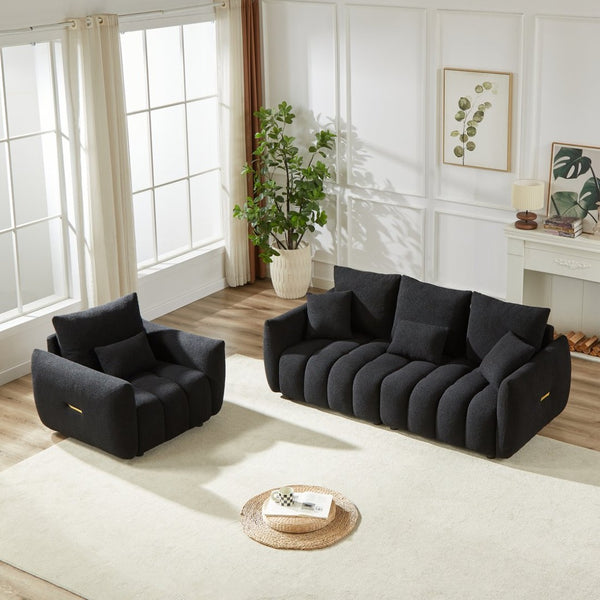 English Elm 3 Plus 1 Seater Teddy Fleece Sofa Set Wooden Frame Foam Spring Living Room Pair Black W1193S00188