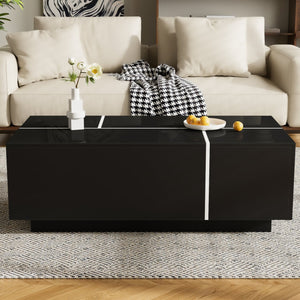 English Elm U-Can Extendable Coffee Table with Hidden Side Compartments and Dual Drawers, High-Gloss MDF Elegance Black N724P292070B