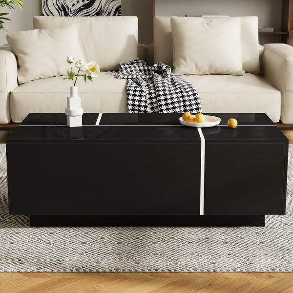 English Elm U-Can Extendable Coffee Table with Hidden Side Compartments and Dual Drawers, High-Gloss MDF Elegance Black N724P292070B