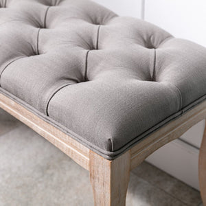 English Elm Bedroom Bench Tufted Linen Seat with Carved Distressed Wood Legs French Country Style Grey W3244P493669