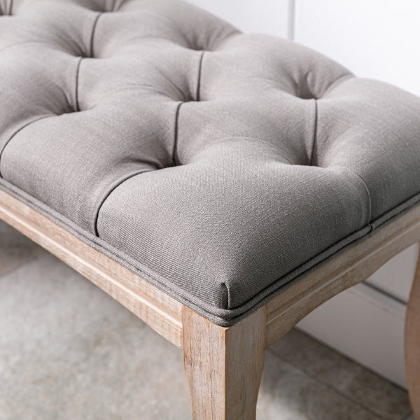 English Elm Bedroom Bench Tufted Linen Seat with Carved Distressed Wood Legs French Country Style Grey W3244P493669