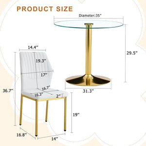 English Elm Table And Chair Set - 35" Round Tempered Glass Dining Table With Gold Metal Base & 4 White Chairs W1151S03703-GIGA