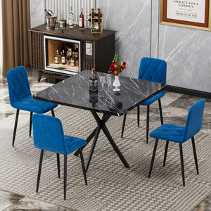 English Elm Square MDF Dining Set for 4 with Faux Marble Top, Mid-Century Modern Iron Legs, Easy-Clean Surface Black+Blue W578S00025