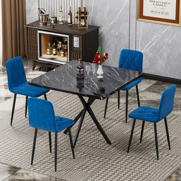 English Elm Square MDF Dining Set for 4 with Faux Marble Top, Mid-Century Modern Iron Legs, Easy-Clean Surface Black+Blue W578S00025