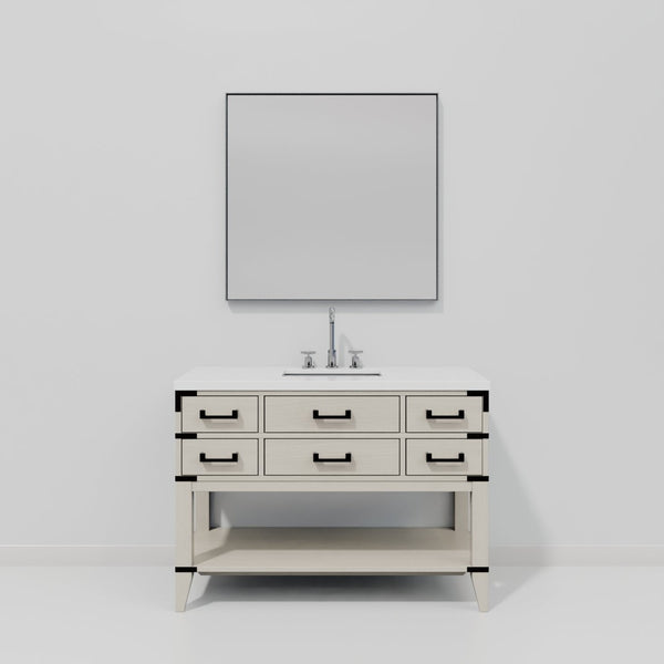 English Elm White Oak Single Bath Vanity Set With White Quartz Top, Chrome Faucet & 46" Mirror - Easy Install! B2731S02109-GIGA