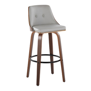 English Elm Gianna Mid-Century Barstool Set of 2 — Walnut Wood Frame, Light Grey Faux Leather, 360° Swivel & Footrest B202S00582
