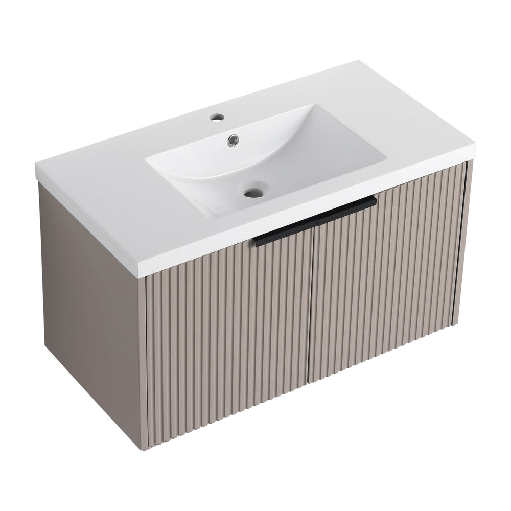 English Elm 36" Floating Bathroom Vanity with Resin Sink, Wavy Doors, Dual Soft-Close Cabinets, Plywood Durable Finish W999P293173