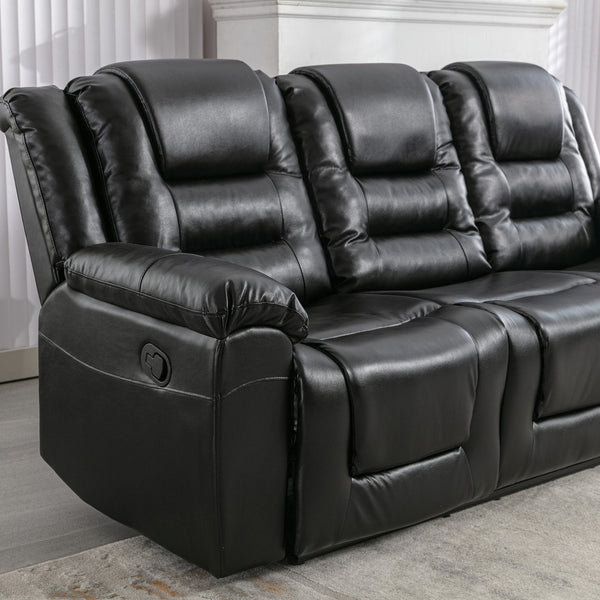 English Elm 3 Seater Home Theater Recliner with Dual Cup Holders PU Leather Comfort, Manual Infinite Recline, 350lb Capacity Black WF323620AAB