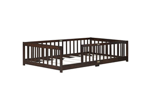 English Elm Twin Low Profile Rubberwood Floor Bed with Full Safety Fence for Toddler Rooms Espresso W504P429337