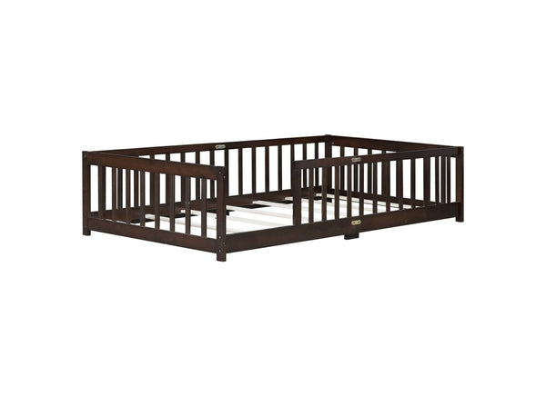 English Elm Twin Low Profile Rubberwood Floor Bed with Full Safety Fence for Toddler Rooms Espresso W504P429337