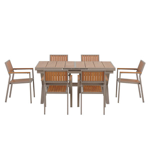 English Elm U_Style Outdoor Extendable Dining Set with 6 Sturdy Chairs, Heavy-Duty 352 lb Table Capacity, Stylish Camel,Natural WY000443AAO