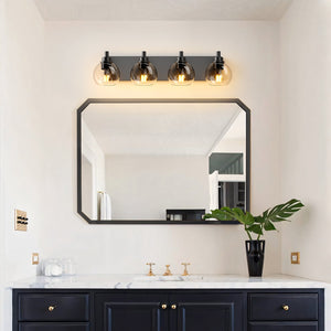 English Elm Industrial 4-Light Bathroom Vanity Light Matte Black with Clear Glass Globes, Modern Powder-Coated Fixture for Mirror Lighting (Bulbs Not Included) W1340P353040