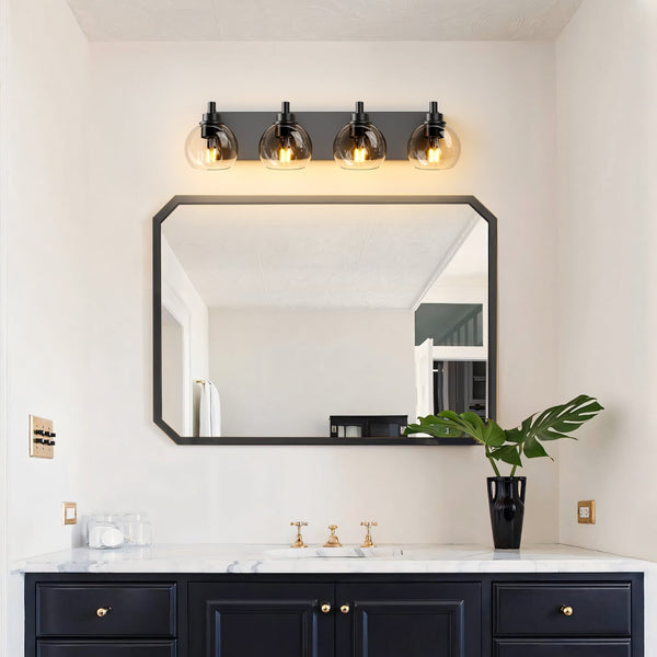English Elm Industrial 4-Light Bathroom Vanity Light Matte Black with Clear Glass Globes, Modern Powder-Coated Fixture for Mirror Lighting (Bulbs Not Included) W1340P353040