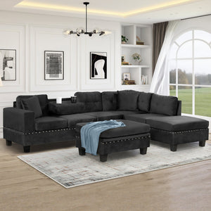 English Elm 105" Modern Velvet Sectional Sofa with Storage Ottoman, Reversible Chaise, Cup Holders & Pillows Black N719S000580B
