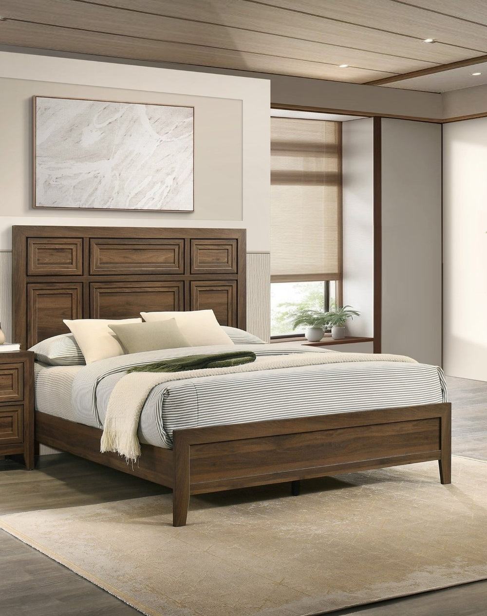 English Elm 1pc Queen Panel Bed Recessed Woodwork Warm Brown Finish Contemporary Bedroom Anchor B2741S00937
