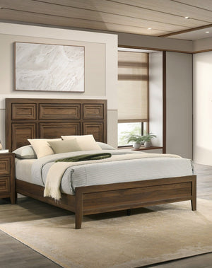 English Elm 1pc Queen Panel Bed Recessed Woodwork Warm Brown Finish Contemporary Bedroom Anchor B2741S00938