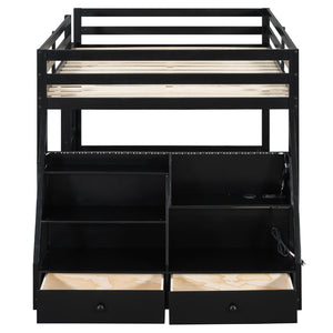 English Elm Full Bunk Bed with App Led Lighting Usb Charging Storage Drawers Kids Bedroom Black N820S00080B
