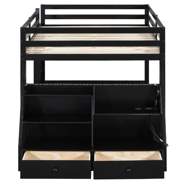 English Elm Full Bunk Bed with App Led Lighting Usb Charging Storage Drawers Kids Bedroom Black N820S00080B
