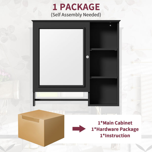 English Elm Wall Mounted Bathroom Storage Cabinet with Large Mirror, Adjustable Shelves, Towel Rack & Durable MDF Black N729P180116B