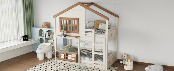 English Elm Full Bunk Bed with Trundle Bookshelf Storage Pine Frame Car Design for Kids W1580S00324