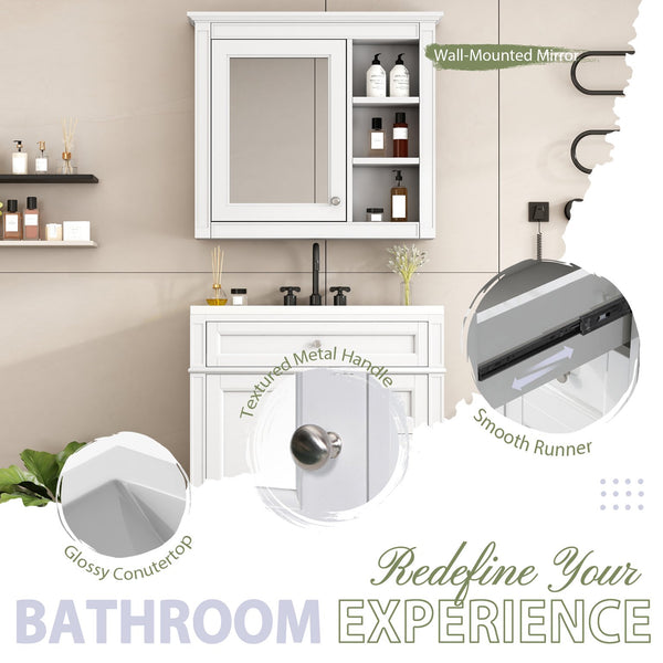 English Elm 30'' Bathroom Vanity Set With Sink, Modern Storage Cabinet, Mirror & 3 Drawers For Efficient Organization SW000127AAK-3