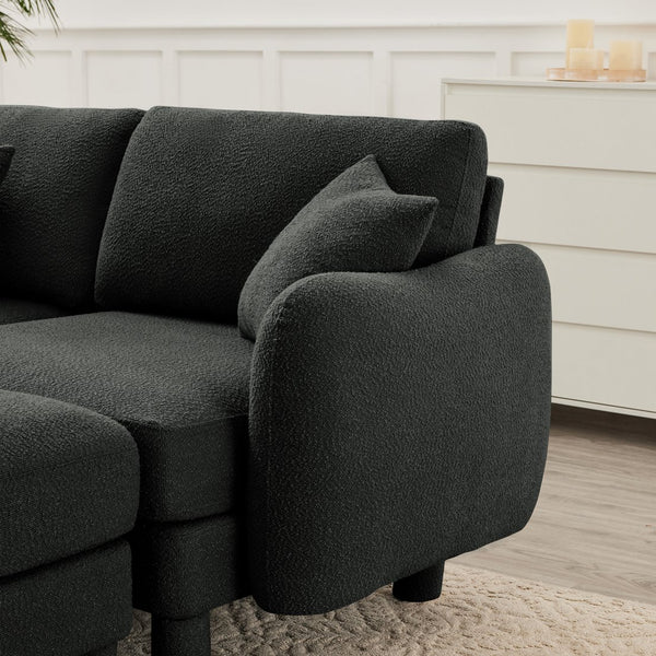 English Elm Boucle Chic 2-Seater Loveseat Sofa With Shell-Shaped Armrests & Removable Ottoman In Dark Gray W3041S00299
