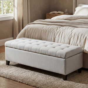 English Elm Upholstered Boucle Storage Bench Soft Close Flip Top Rubberwood Legs Bedroom Entryway Light Grey N779P395018L
