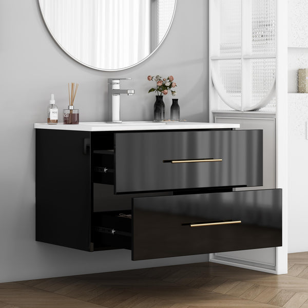 English Elm 30-Inch Sleek Black Gloss Wall-Mounted Bathroom Vanity With Integrated Sink & Easy Installation Options W3151S00054