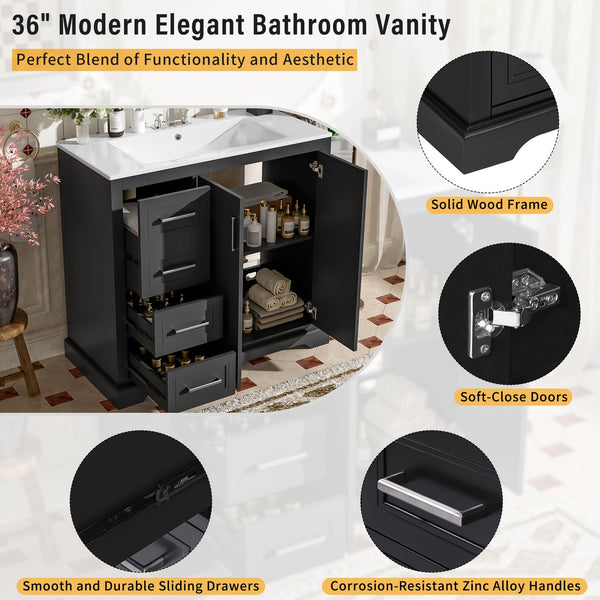 English Elm 36" Modern Bathroom Vanity with Ceramic Sink, Soft-Close Doors, 3 Drawers & Ample Storage for Small Baths Black N729P280194B