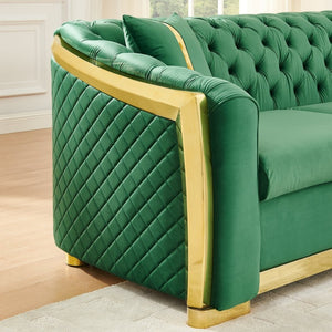 English Elm 106 Inch Velvet Tufted Chesterfield Sectional with Gold Steel Legs for Large Living Rooms Green W1191S00127