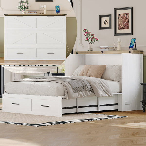 English Elm Full Farmhouse Murphy Cabinet Bed with Charging Station and Large Drawers, Space-Saving Guest Solution White 52.25 L x 26.25 W x 5.25 H N733S237853W