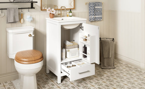 English Elm 18-Inch Modern Bathroom Vanity with Ceramic Sink, Soft-Close Doors, Divider Drawer & Adjusting Feet White N729P334854K